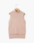 Beach Rose Co. beige sleeveless turtleneck sweater in a ribbed knit texture with a high-low hem on a wooden hanger.