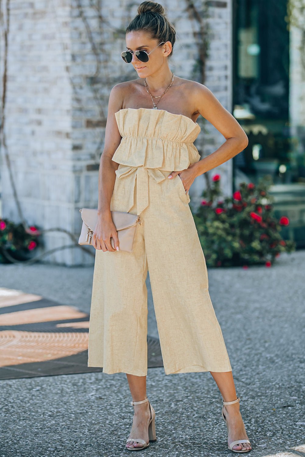 Beach Rose Co. - Beige Ruffled Strapless Wide Leg Jumpsuit