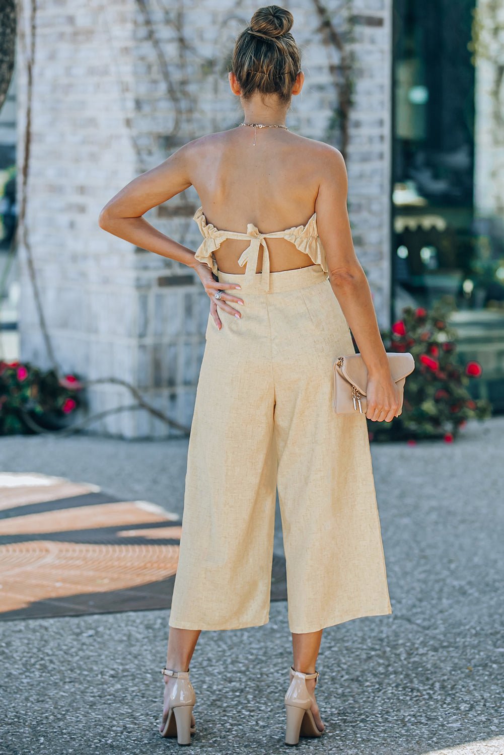 Beach Rose Co. - Beige Ruffled Strapless Wide Leg Jumpsuit