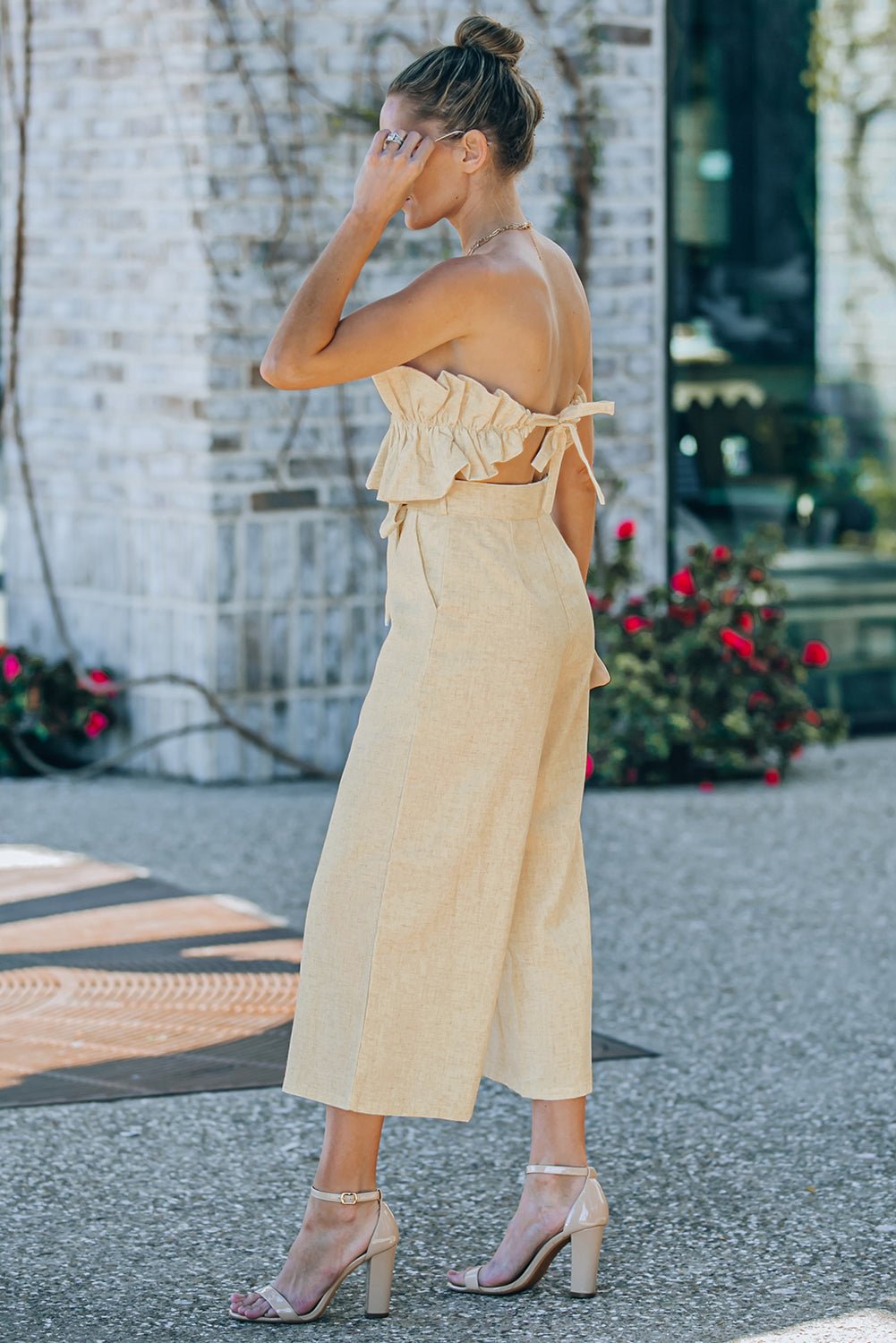 Beach Rose Co. - Beige Ruffled Strapless Wide Leg Jumpsuit