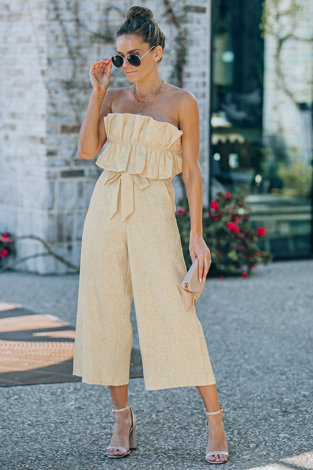 Beach Rose Co. - Beige Ruffled Strapless Wide Leg Jumpsuit