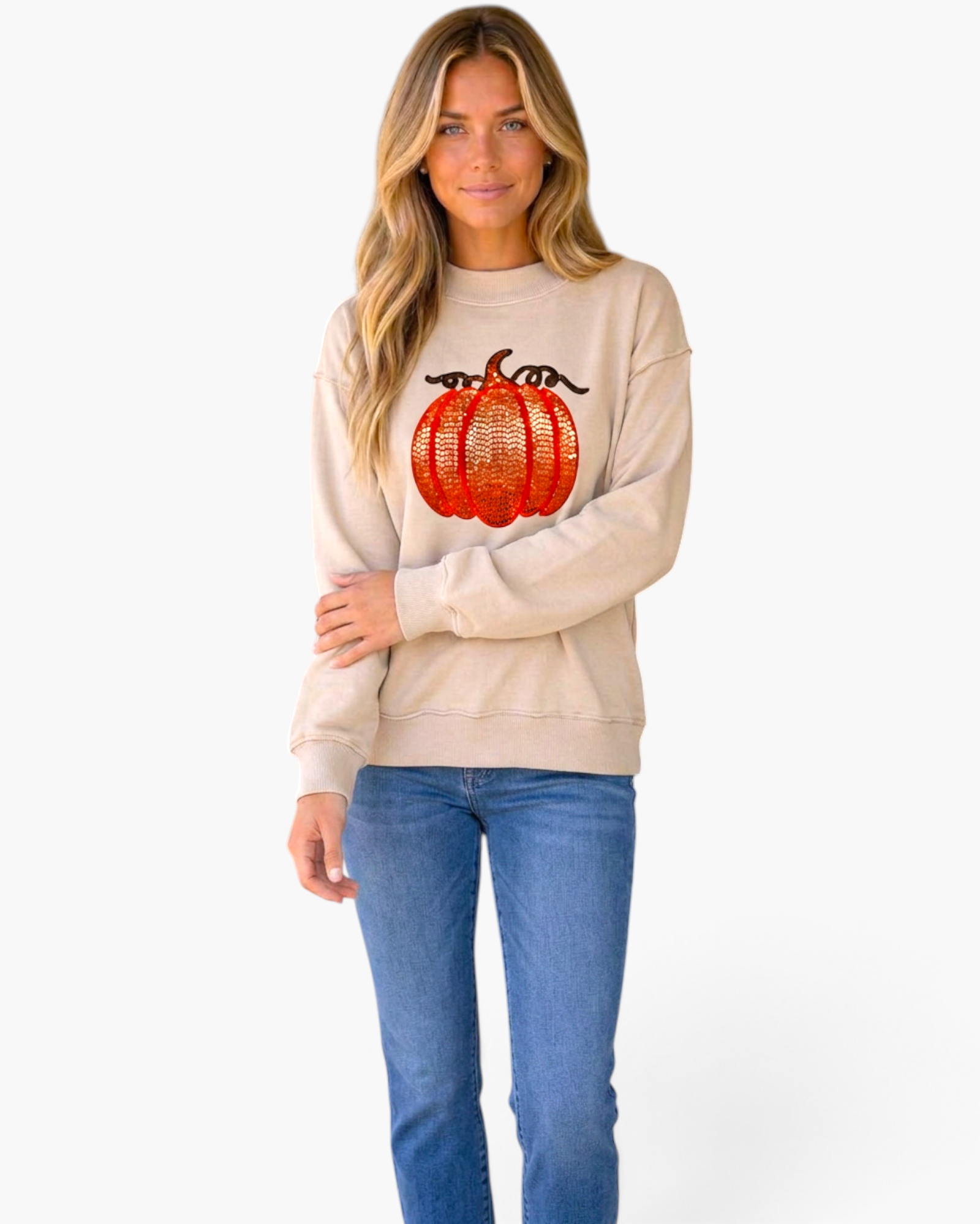 Beach Rose Co. beige sweatshirt with a sequin pumpkin motif, featuring long sleeves and a relaxed fit on a model.
