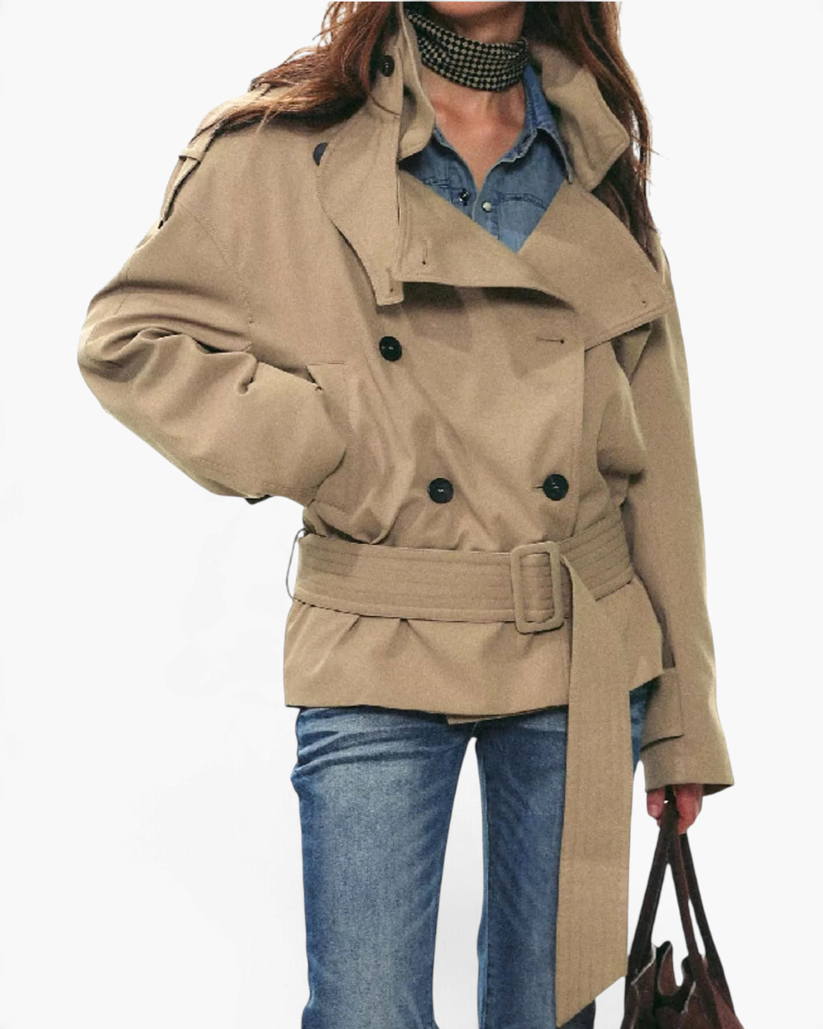 Beach Rose Co. beige viscose short trench jacket with a double-breasted front, buckled waist belt, and wrap collar.