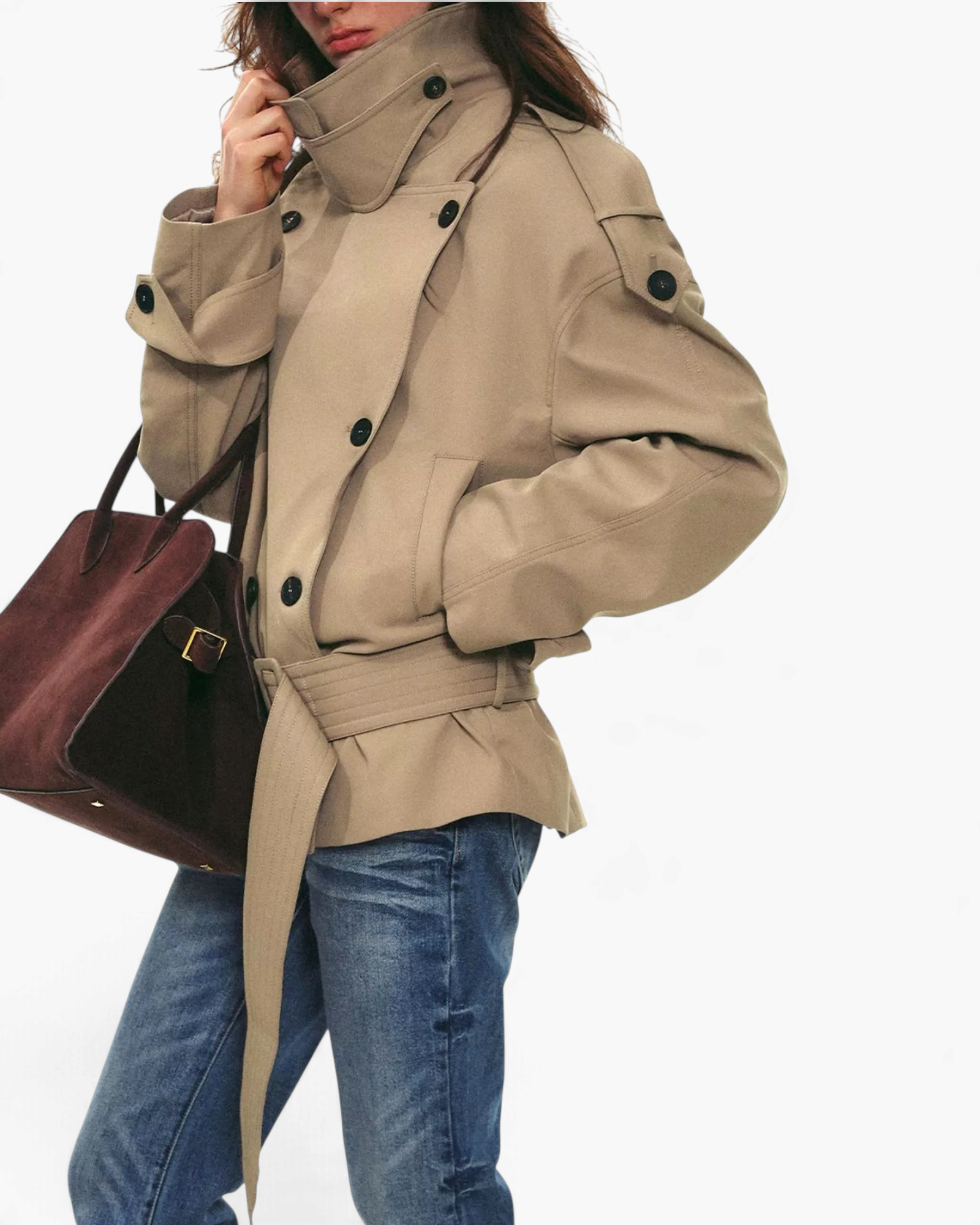 Beach Rose Co. beige viscose short trench jacket with a high wrap collar, double-breasted buttons, and waist belt.