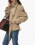 Beach Rose Co. beige viscose short trench jacket with a high wrap collar, double-breasted buttons, and waist belt.