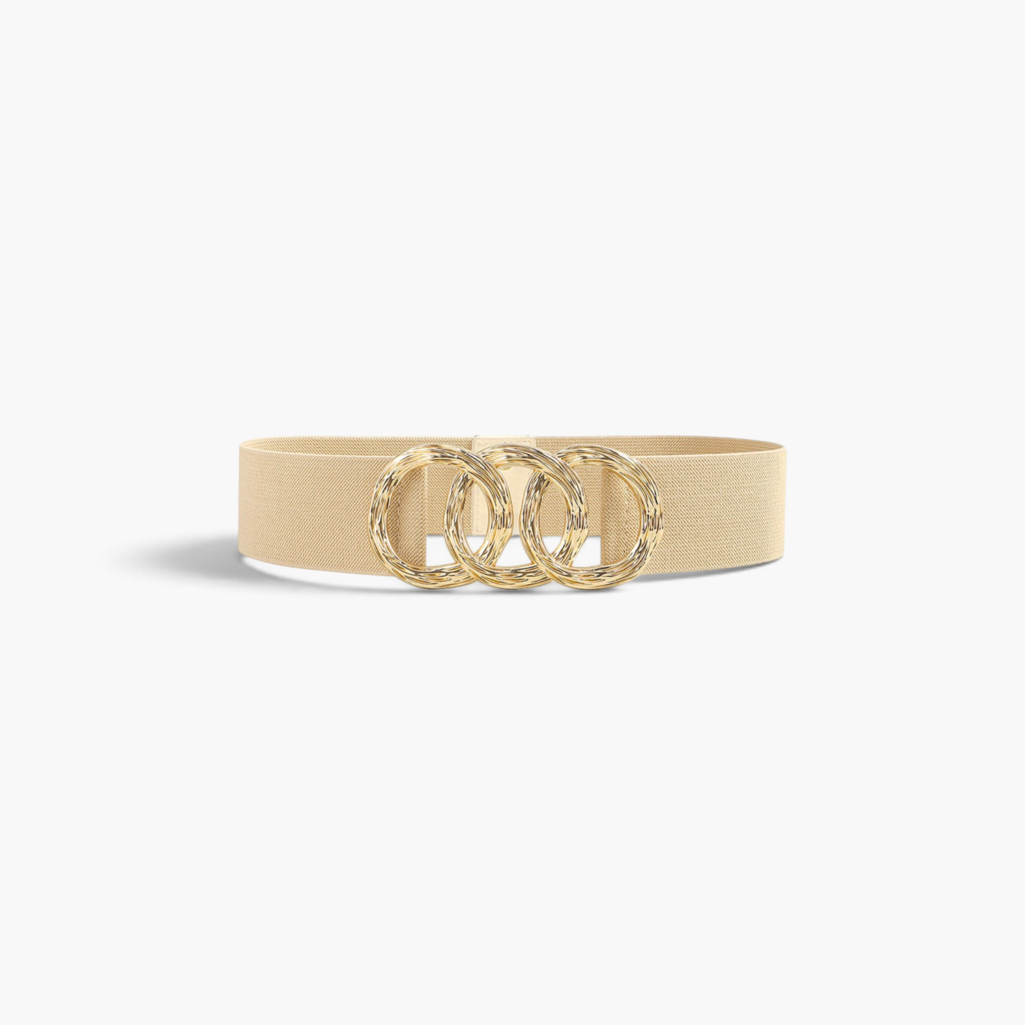 Beach Rose Co. beige wide elastic stretch belt featuring a gold-tone triple overlapping textured ring buckle.