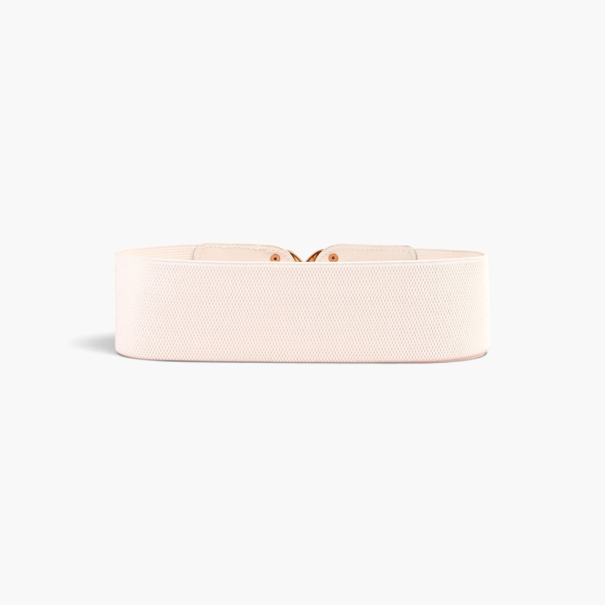 Beach Rose Co. wide beige textured elastic waist belt with a polished gold-tone double-D buckle and PU front tabs.