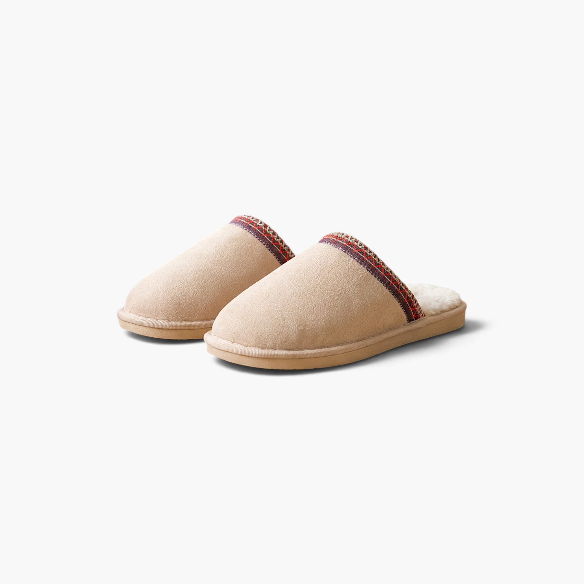 Beach Rose Co. Melanie winter slippers in beige suede with plush lining and decorative patterned trim