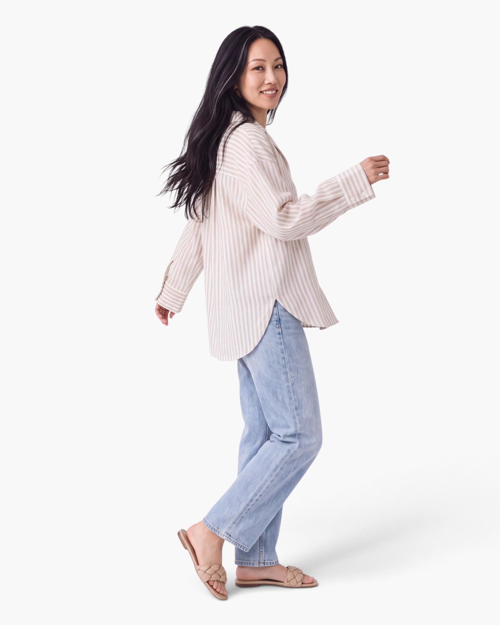 Beach Rose Co. beige and white striped polyester button-up shirt with wide sleeves and a relaxed fit.