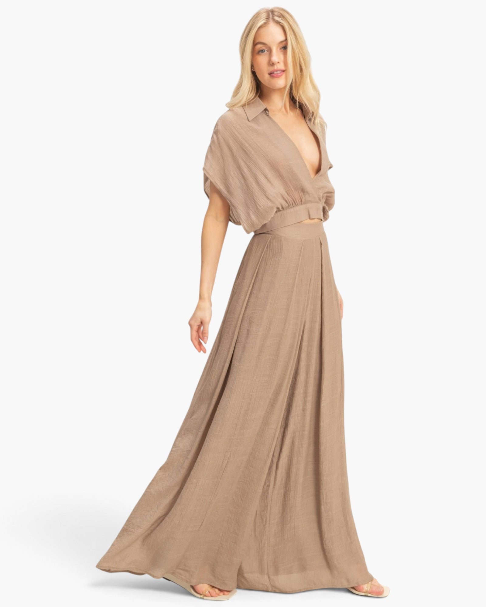 Beach Rose Co. beige cotton-blend two-piece set with a collared wrap top and flowing pleated wide-leg pants
