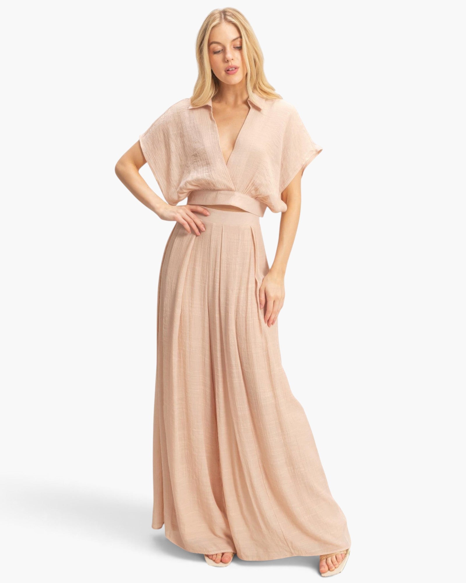 Beach Rose Co. beige cotton-blend two-piece set with a collared cropped wrap top and flowing wide-leg trousers.