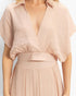 Beach Rose Co. beige cotton-blend collared wrap top and wide-leg pants set with a textured finish