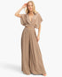 Beach Rose Co. beige cotton-blend two-piece set with a collared wrap top and pleated wide-leg pants on a model.
