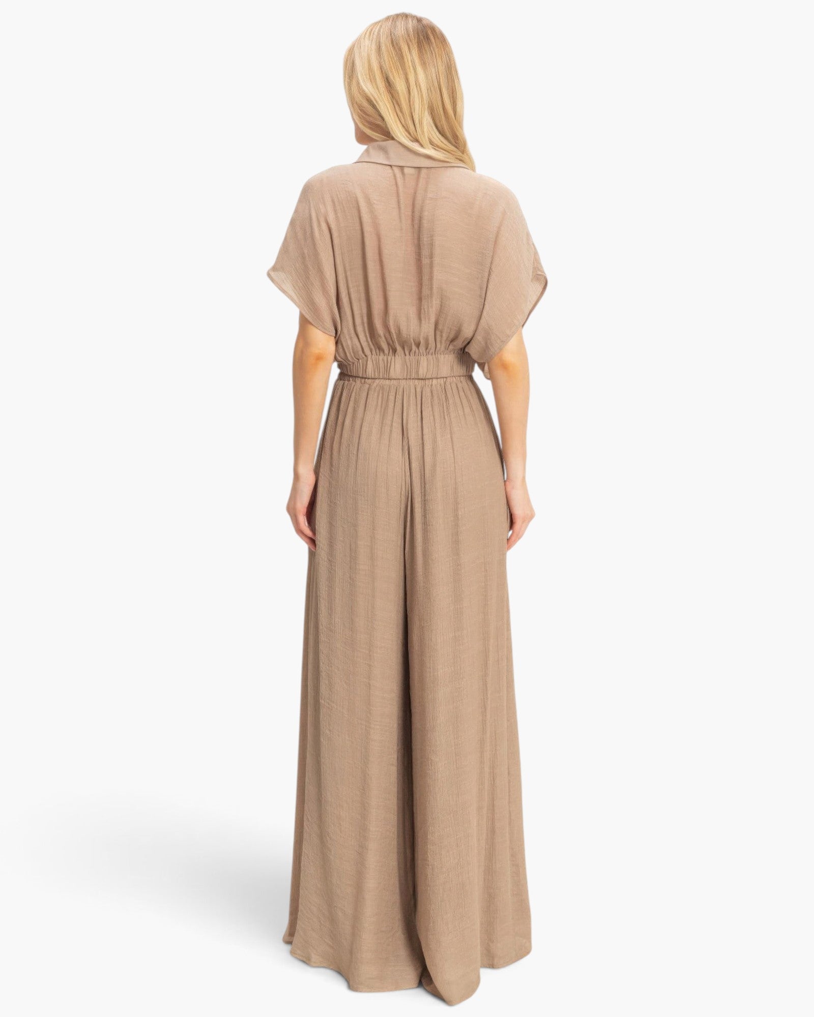 Beach Rose Co. beige cotton-blend two-piece set with a collared wrap top and flowing wide-leg pants, back view.