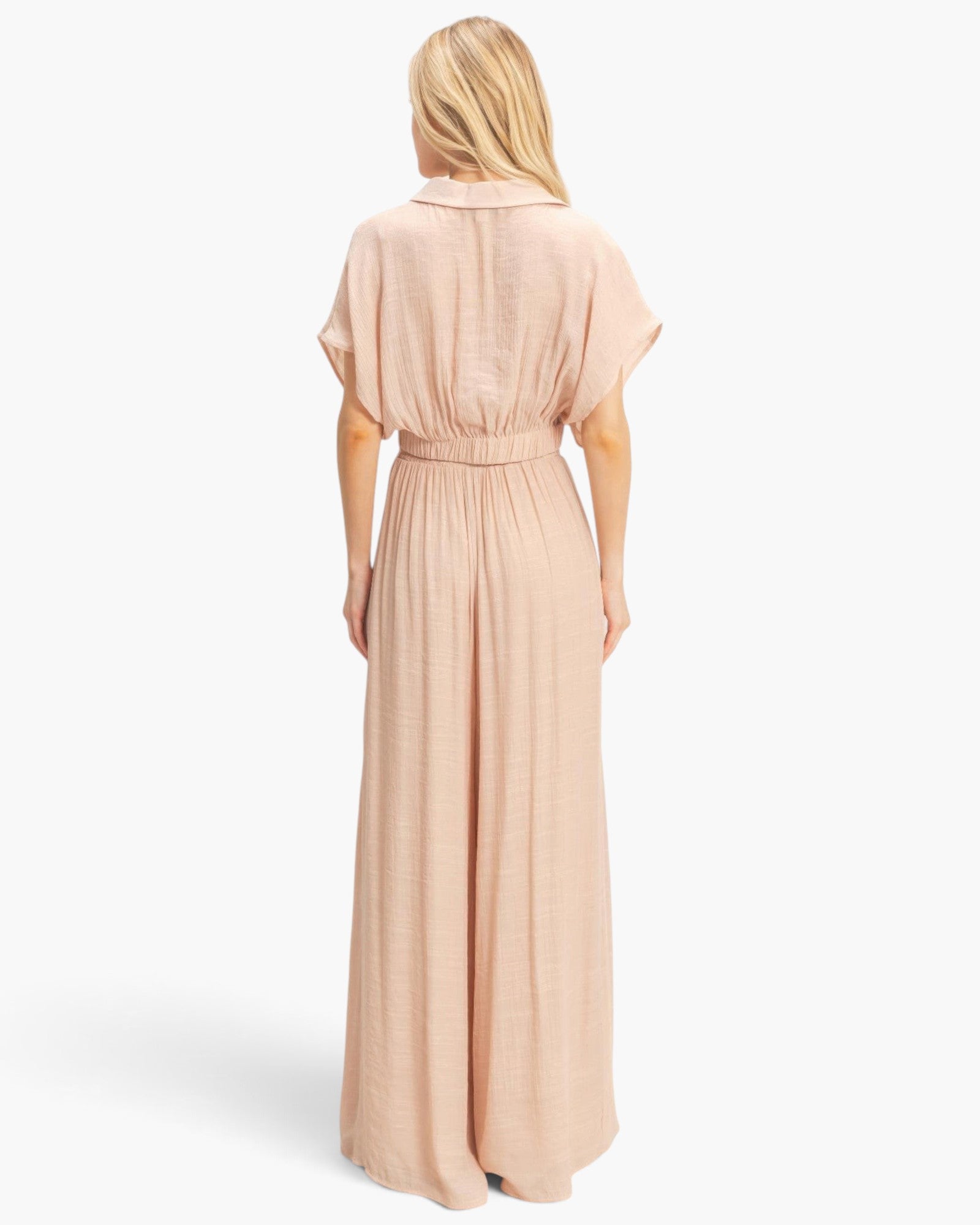 Beach Rose Co. beige cotton-blend two-piece set with a collared wrap top and flowing wide-leg pants, back view.