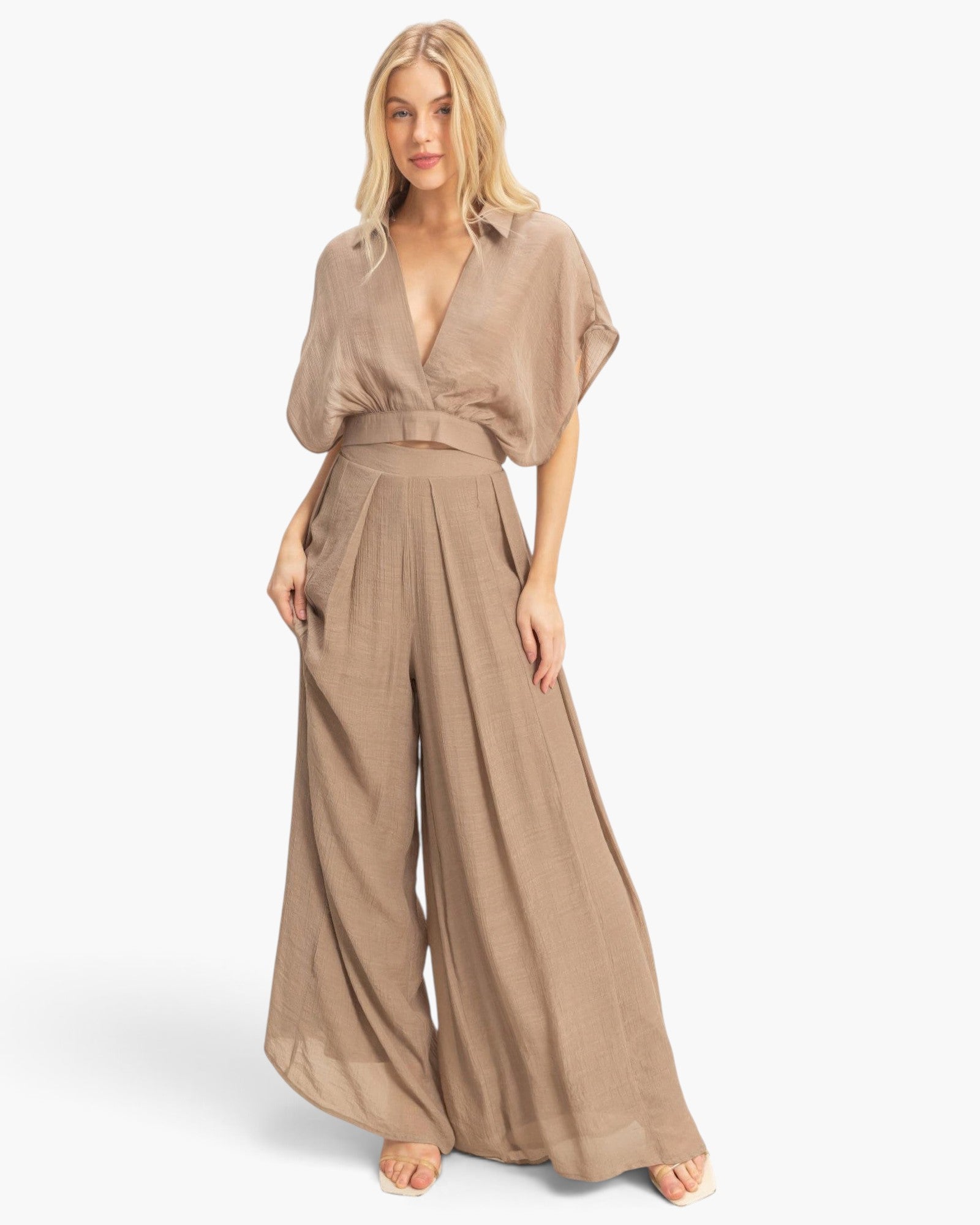 Beach Rose Co. beige cotton-blend two-piece set with a collared wrap top and flowing wide-leg pleated pants