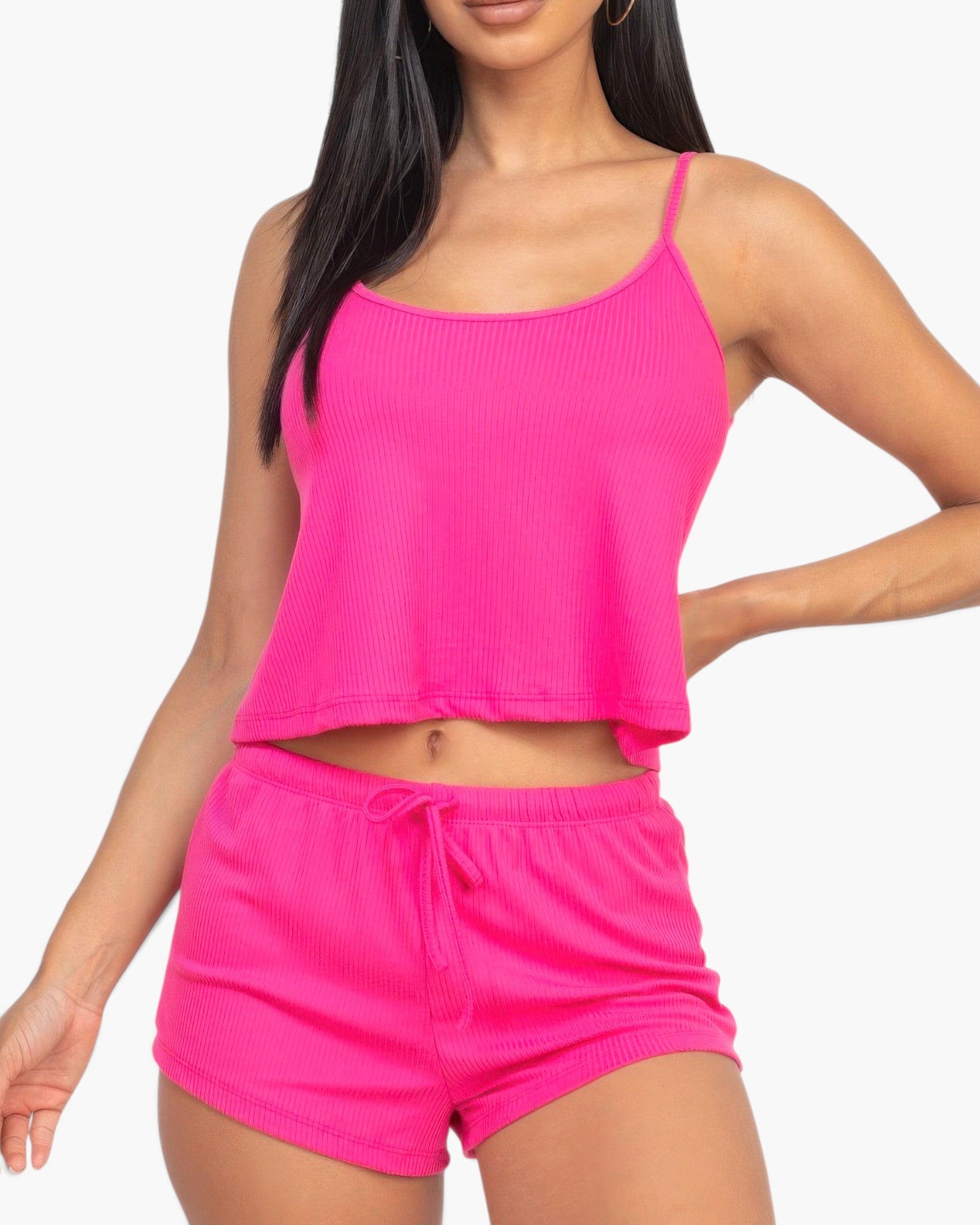 Beach Rose Co. berry pink ribbed strappy tank top and matching drawstring shorts set on a model