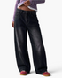 Beach Rose Co. black faded barrel-leg jeans with knee darts and scoop pockets in a relaxed cotton-blend denim fit.