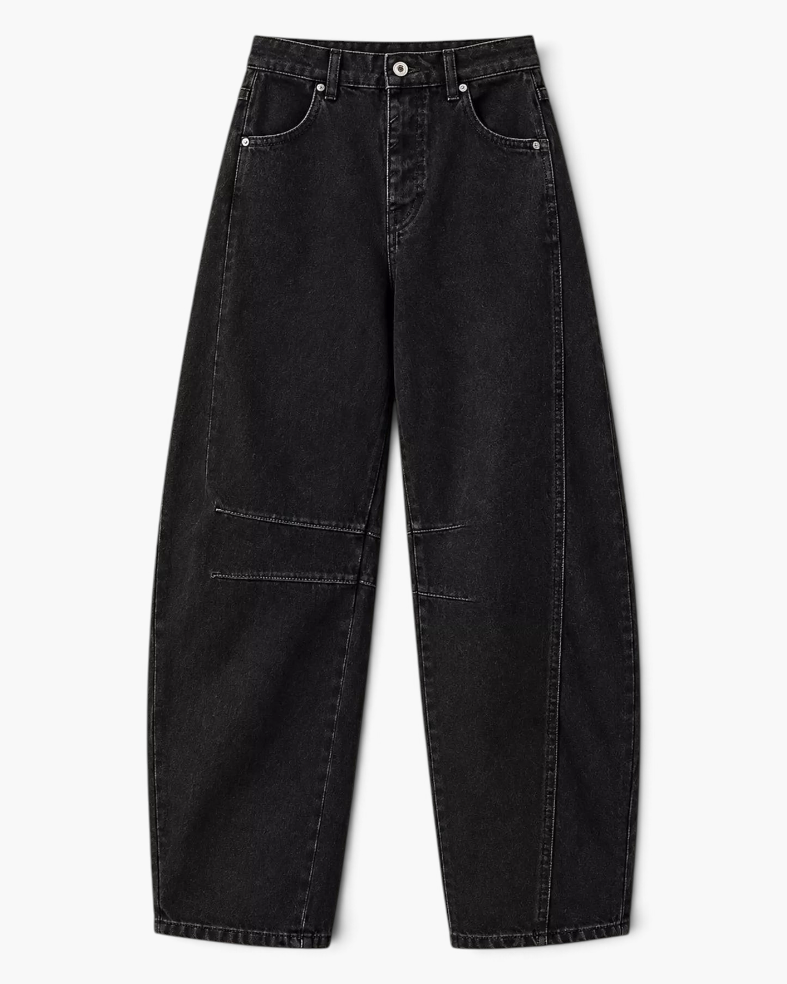 Beach Rose Co. black barrel leg jeans featuring curved side seams and dart details at the knees in cotton blend denim.