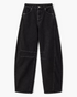 Beach Rose Co. black barrel leg jeans featuring curved side seams and dart details at the knees in cotton blend denim.