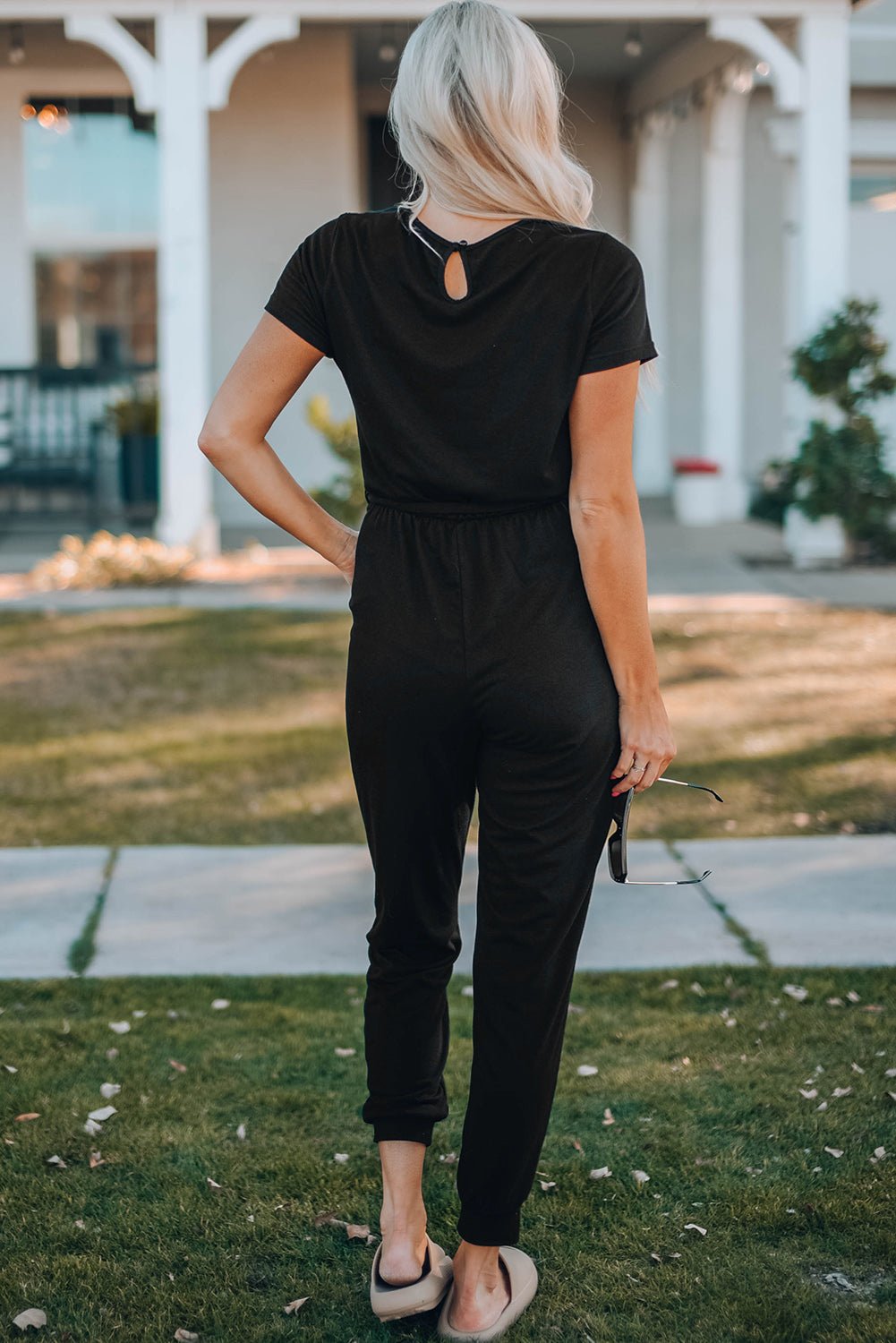 Beach Rose Co. - Black Belted V - Neck Jogger Jumpsuit