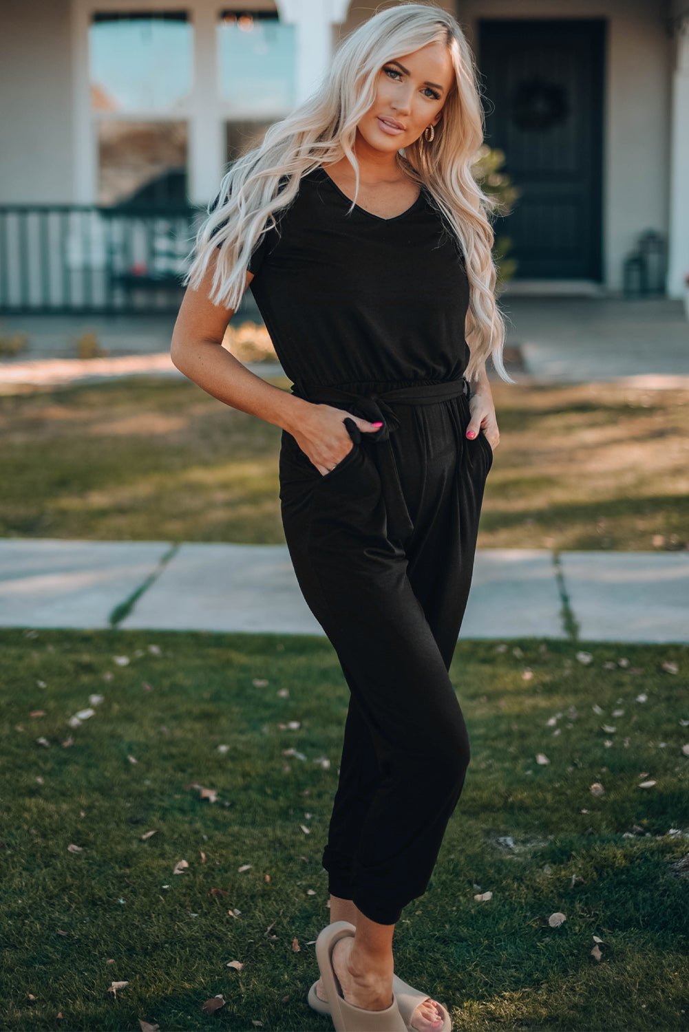 Beach Rose Co. - Black Belted V - Neck Jogger Jumpsuit