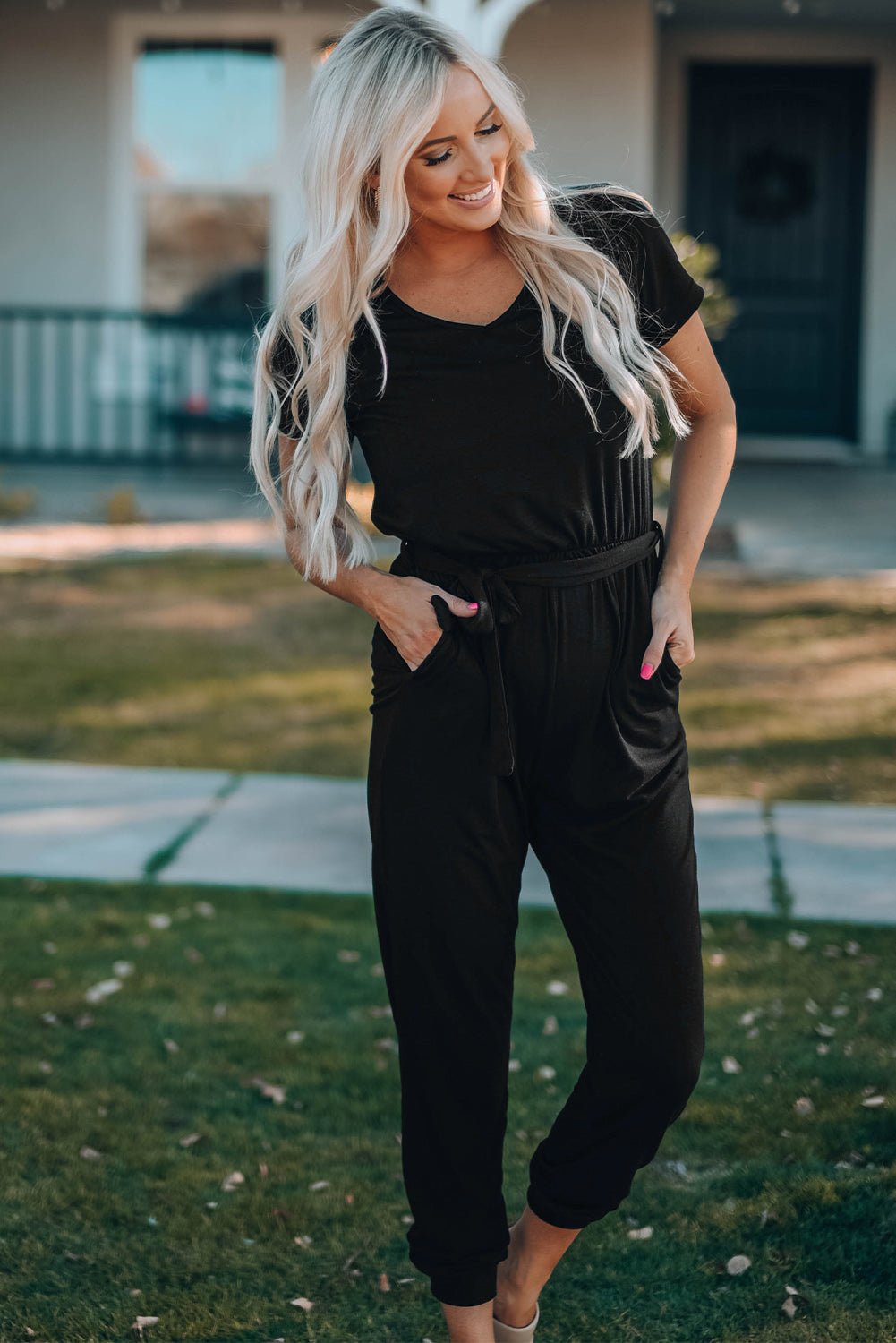 Beach Rose Co. - Black Belted V - Neck Jogger Jumpsuit