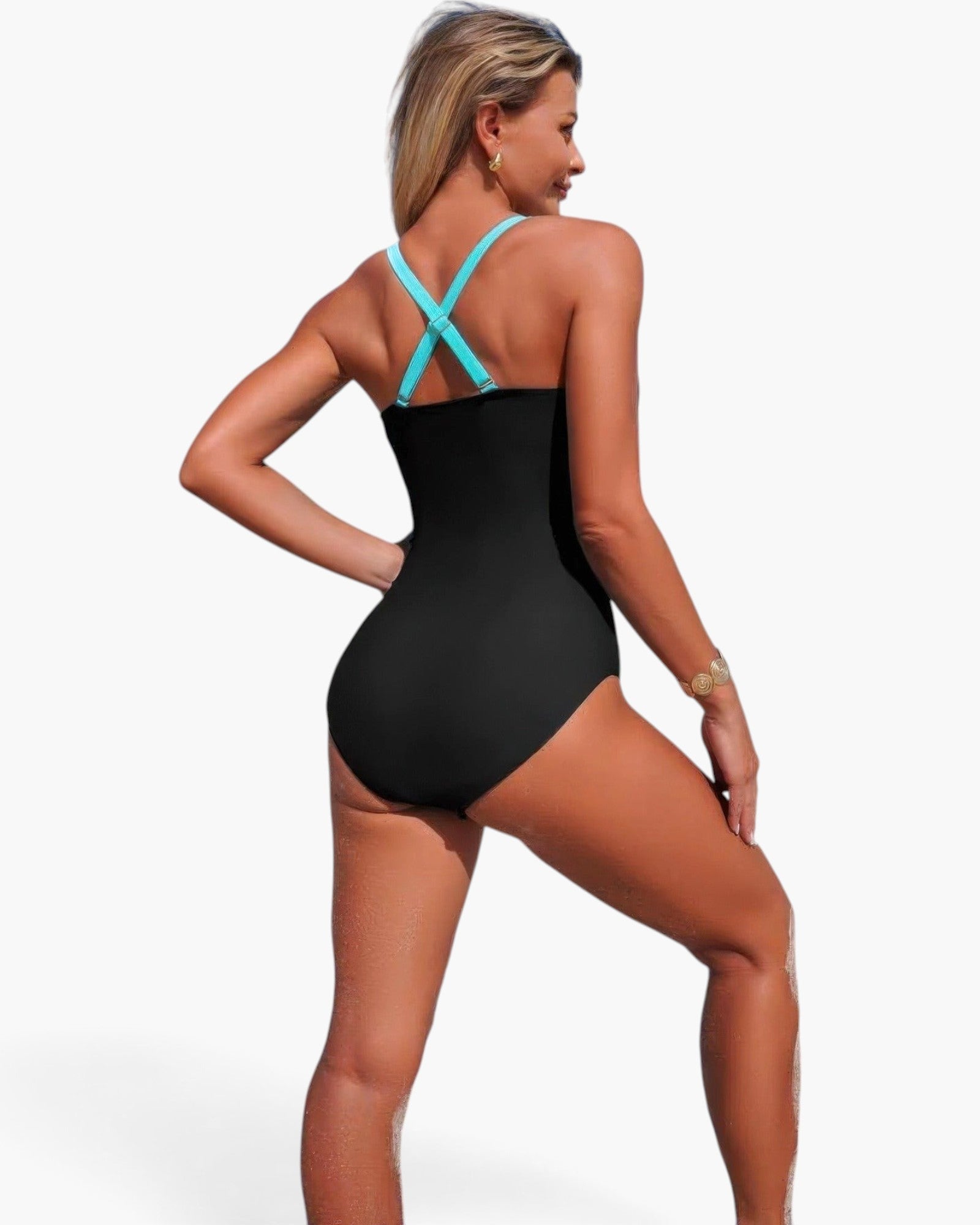 Beach Rose Co. one-piece swimsuit with black body and bright blue crisscross straps, viewed from the back.