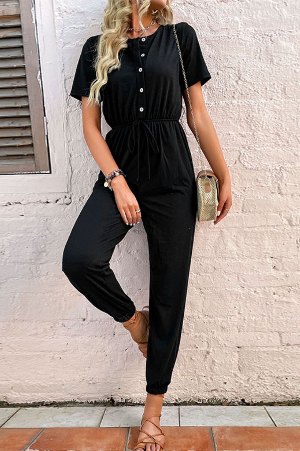 Beach Rose Co. - Black Button Front Short Sleeve Jogger Jumpsuit