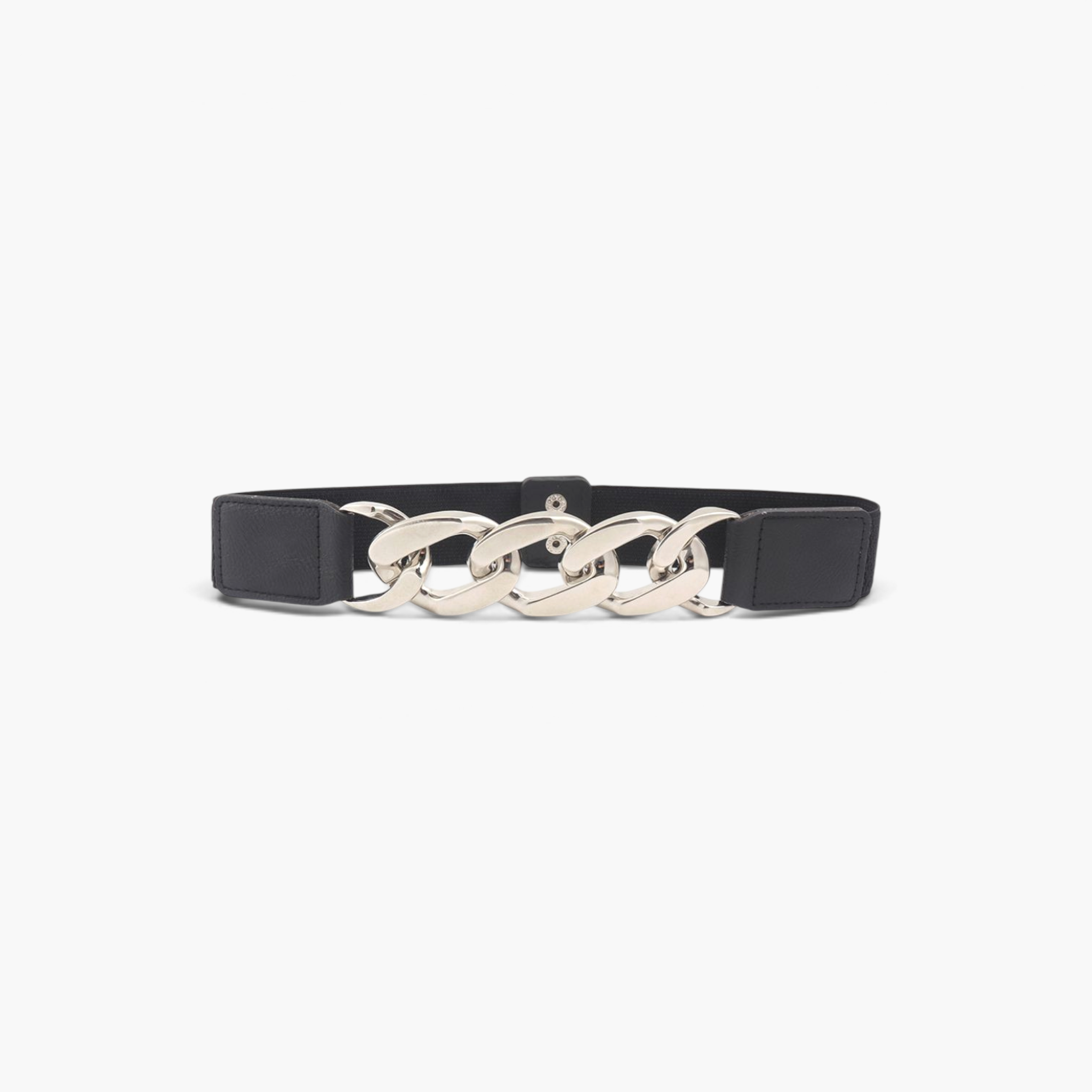 Beach Rose Co. black elastic waist belt featuring an oversized silver curb-chain front and smooth PU leather tabs.