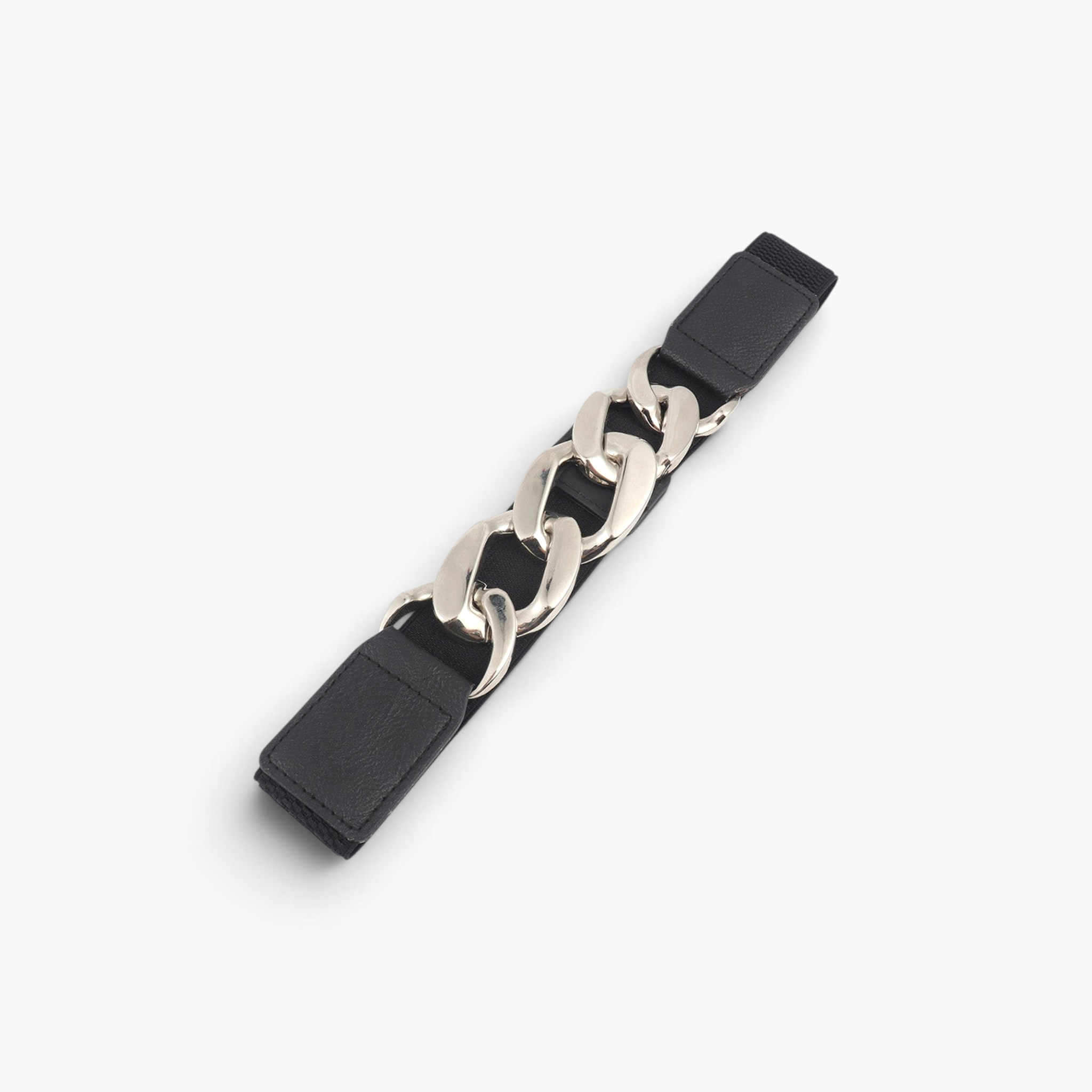 Beach Rose Co. black elastic waist belt featuring an oversized silver curb-chain front and smooth PU leather tabs.