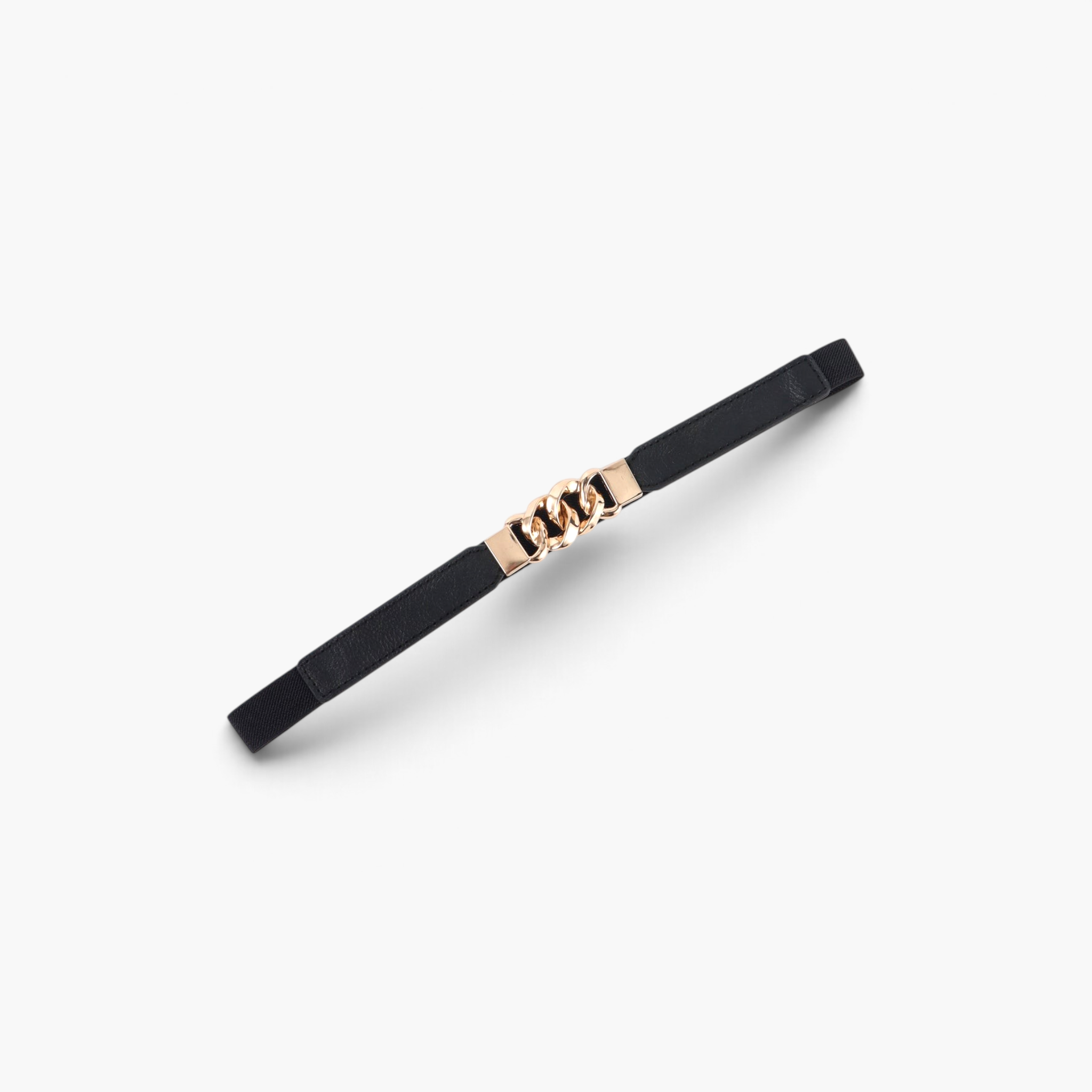 Beach Rose Co. slim black stretch waist belt featuring a gold-toned chunky chain-link buckle and PU front panels.