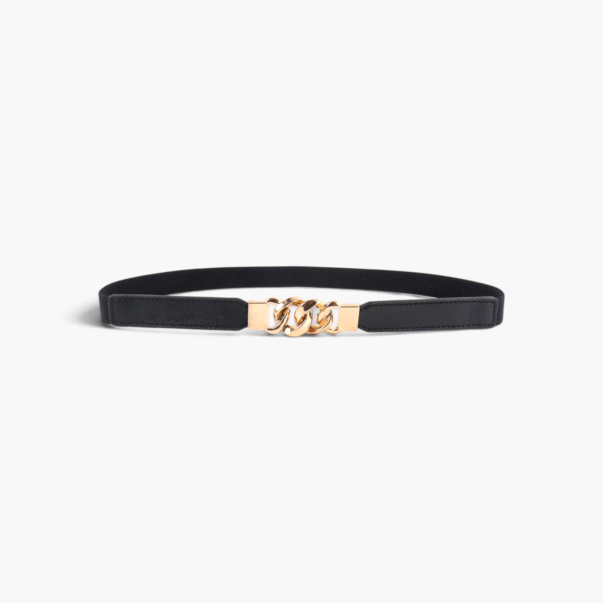 Beach Rose Co. slim black stretch waist belt featuring a gold-tone chunky chain-link buckle and PU leather panels.