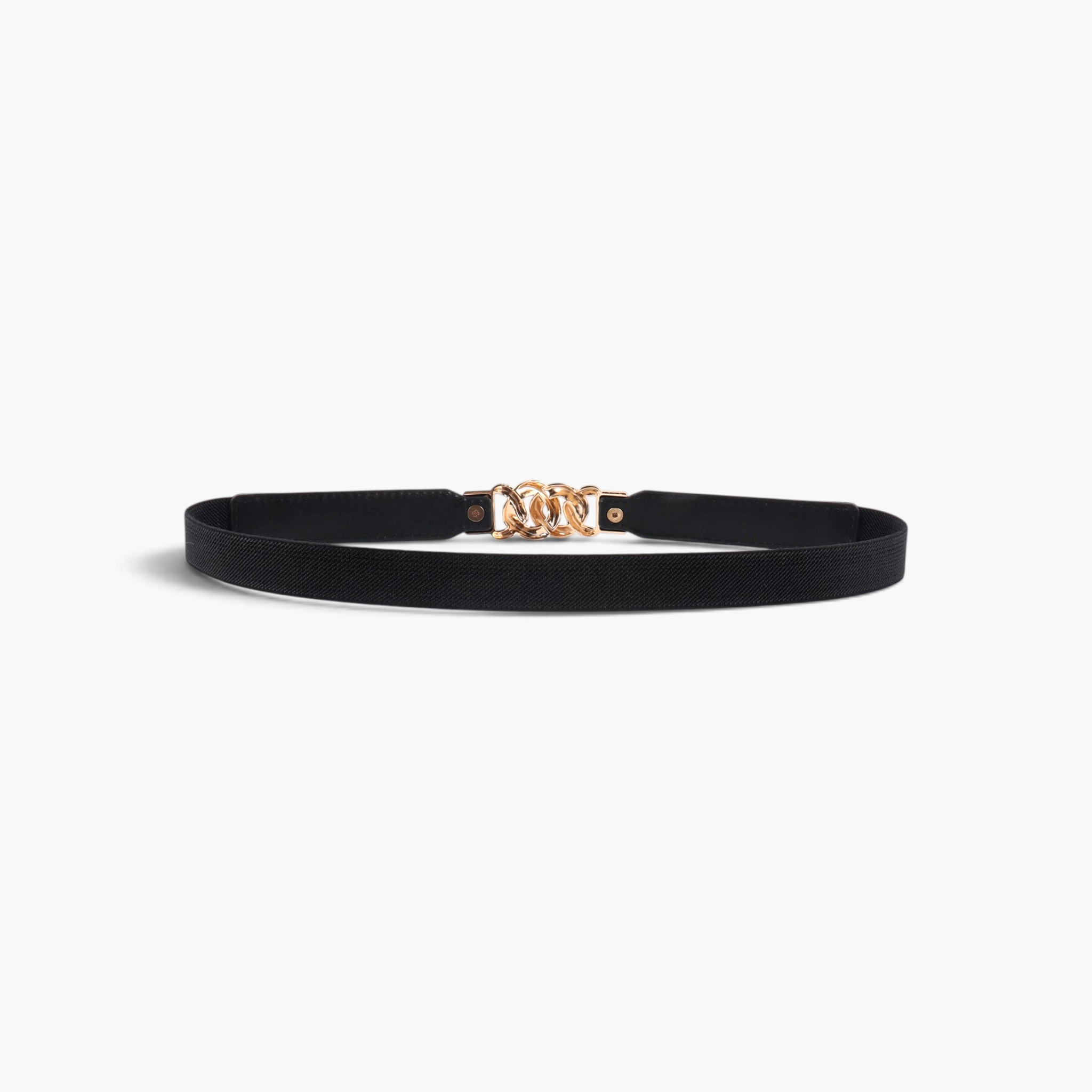 Beach Rose Co. slim black stretch waist belt with a gold-tone chunky chain-link buckle and PU front panels.