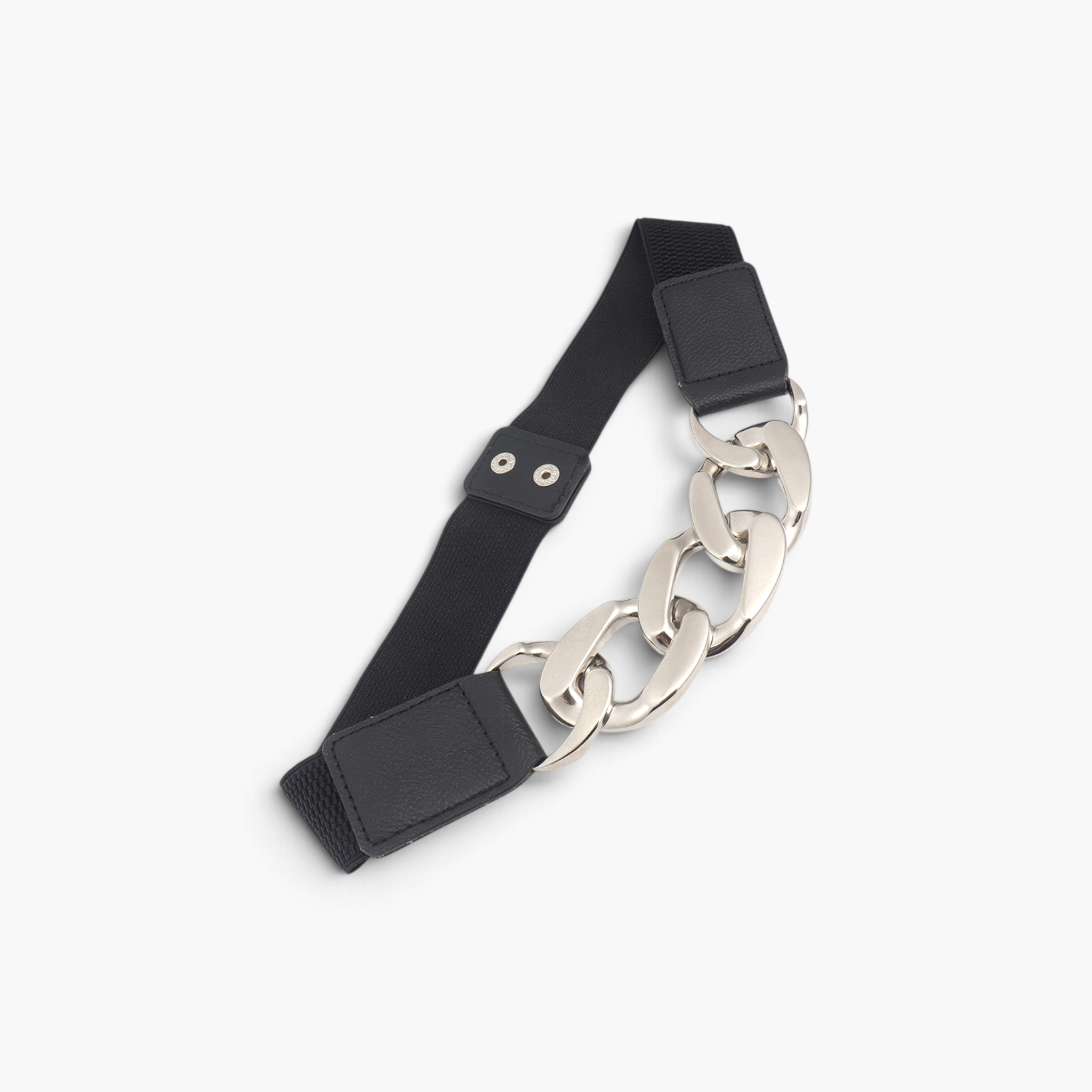 Beach Rose Co. black elastic waist belt featuring oversized silver curb-chain links and smooth PU snap-closure tabs.