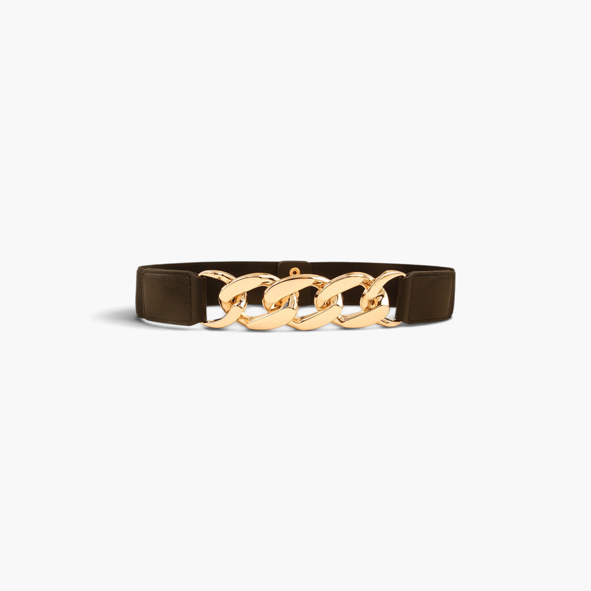 Beach Rose Co. black elastic waist belt featuring a gold oversized curb-chain front detail and smooth PU tabs.