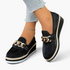 Beach Rose Co. black textured PU leather wedge loafers with a chunky gold chain accent and layered sole.