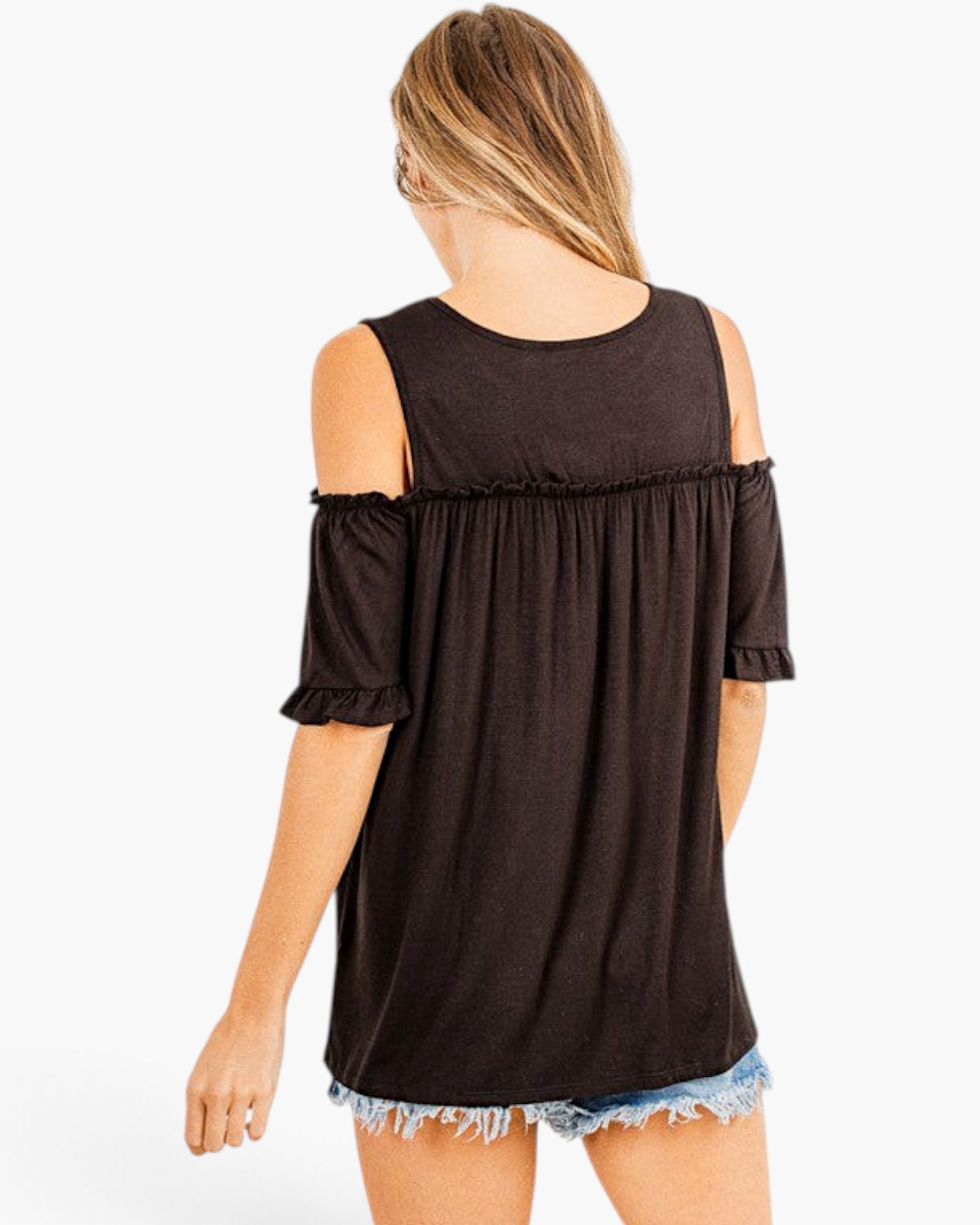 Beach Rose Co. black cold-shoulder top with ruffled sleeves and gathered back detail worn by a model