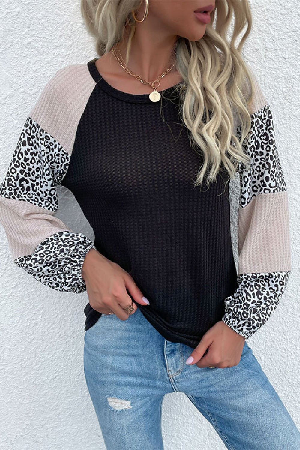 Beach Rose Co. - Black Contrast Leopard Print Waffle Knit Tee