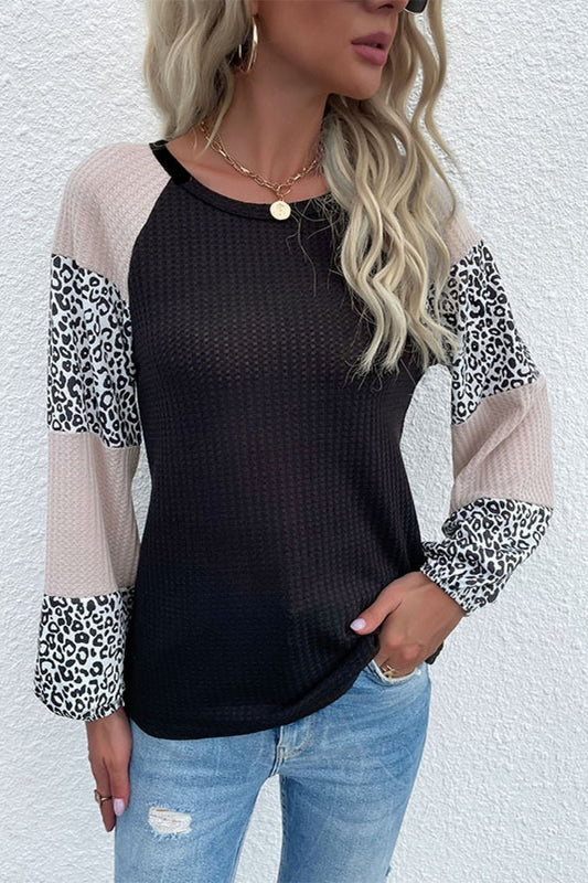 Beach Rose Co. - Black Contrast Leopard Print Waffle Knit Tee