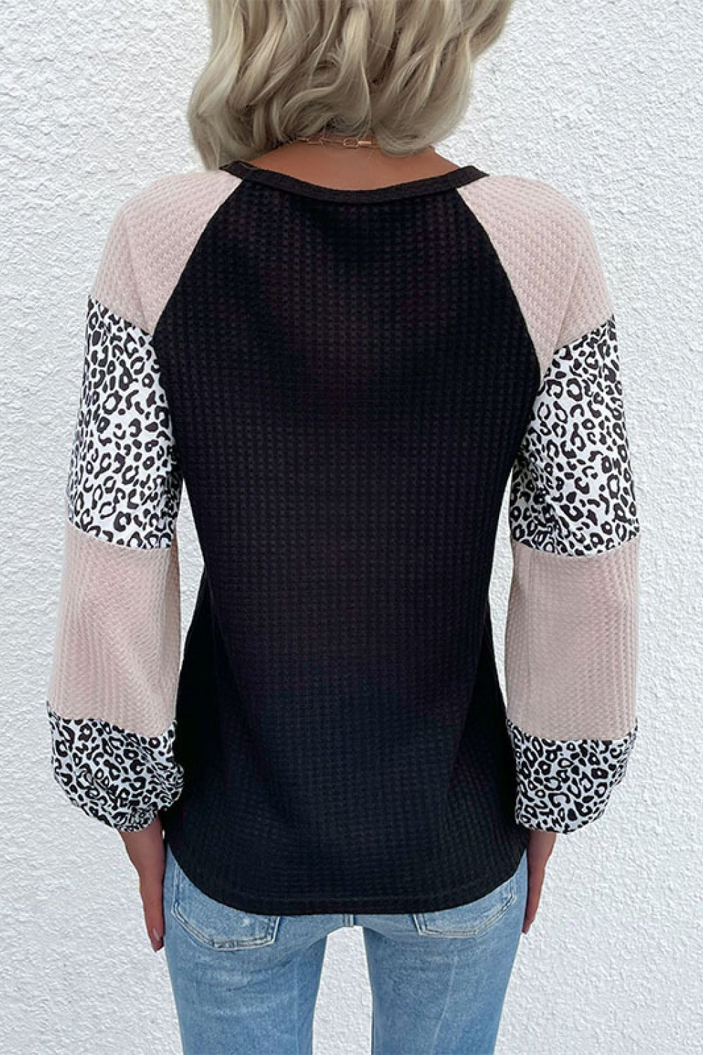 Beach Rose Co. - Black Contrast Leopard Print Waffle Knit Tee