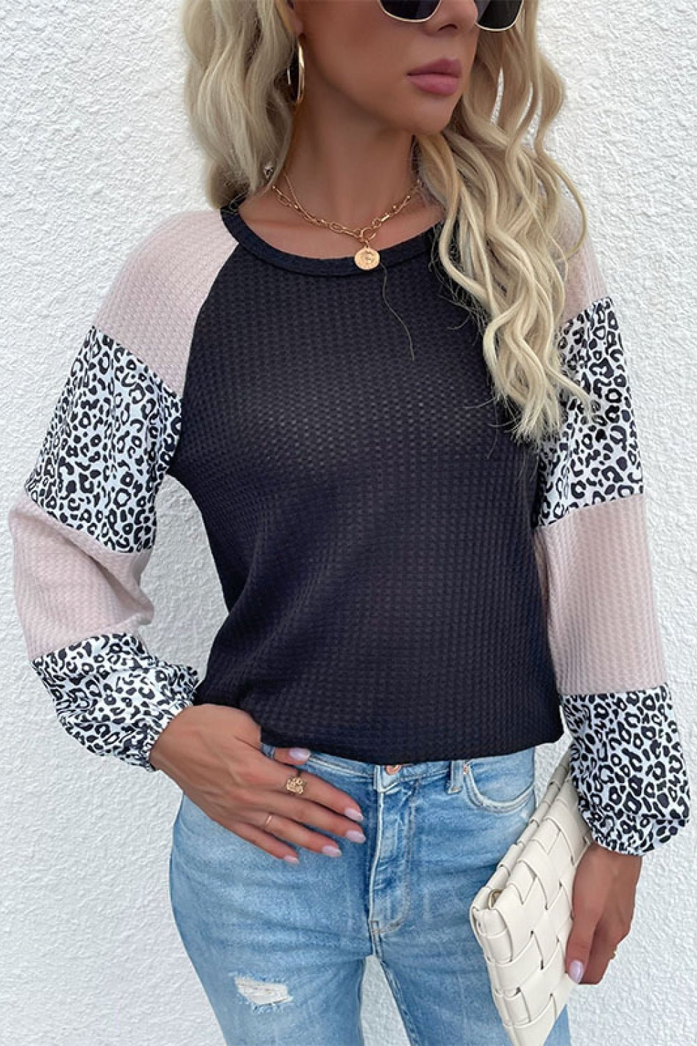 Beach Rose Co. - Black Contrast Leopard Print Waffle Knit Tee