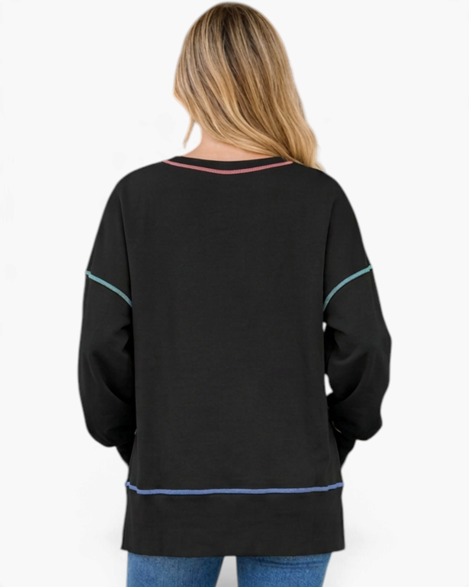 Beach Rose Co. black crewneck sweatshirt with colorful contrast stitching and dropped shoulders, back view.