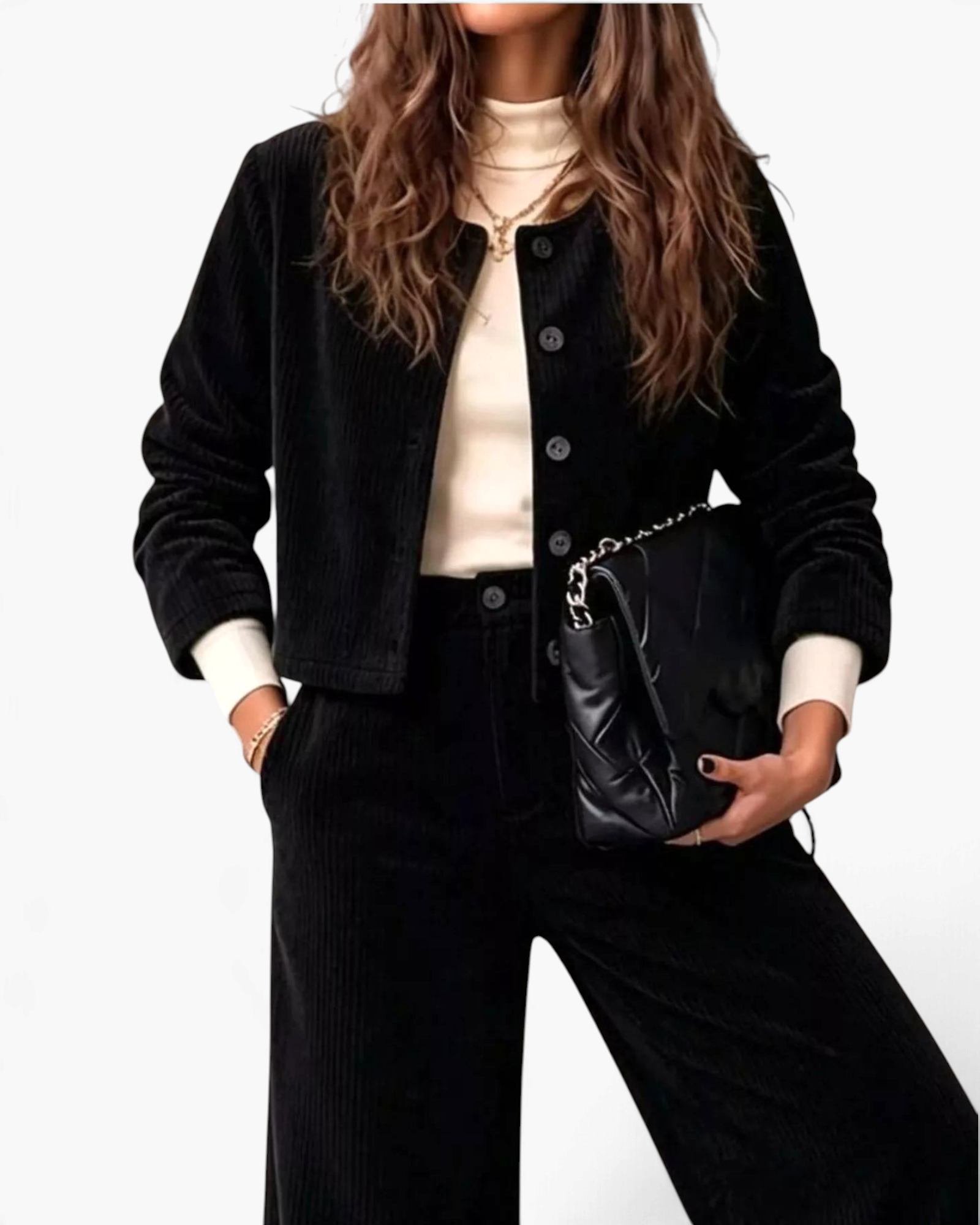 Beach Rose Co. black corduroy two-piece set featuring a button-front jacket and wide leg pants worn with a mock neck.