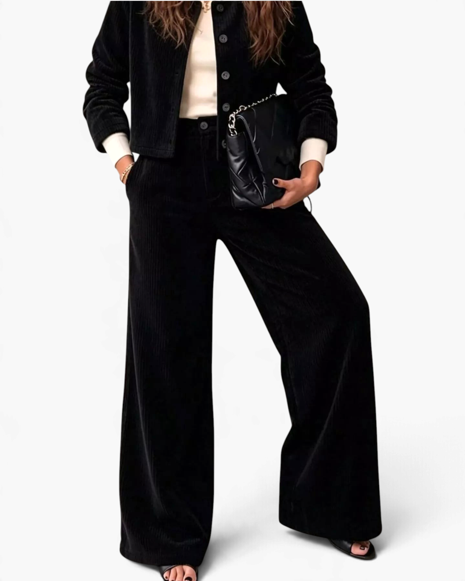 Beach Rose Co. black corduroy two-piece set featuring a button-front jacket and wide-leg pants on a model