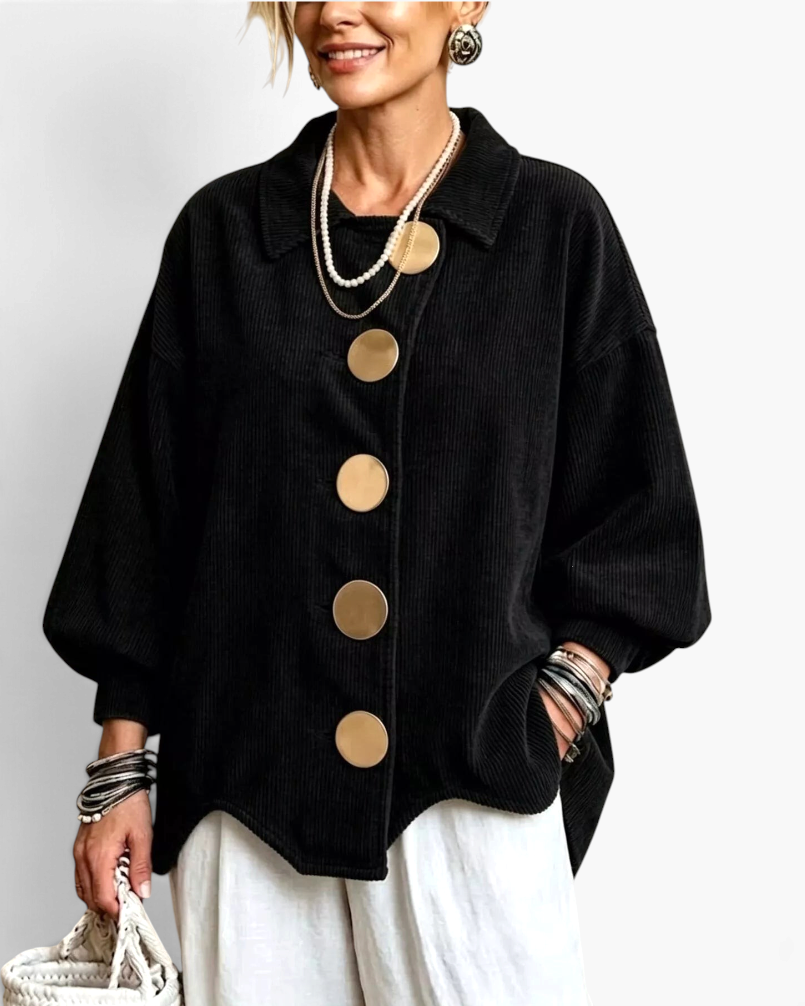 Beach Rose Co. black corduroy shacket with oversized gold buttons, balloon sleeves, and a relaxed curved hem fit.