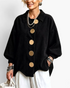 Beach Rose Co. black corduroy shacket with oversized gold buttons, balloon sleeves, and a relaxed curved hem fit.