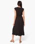 Beach Rose Co. black matte crepe midi dress with ruched elastic waist and cap sleeves, shown from the back