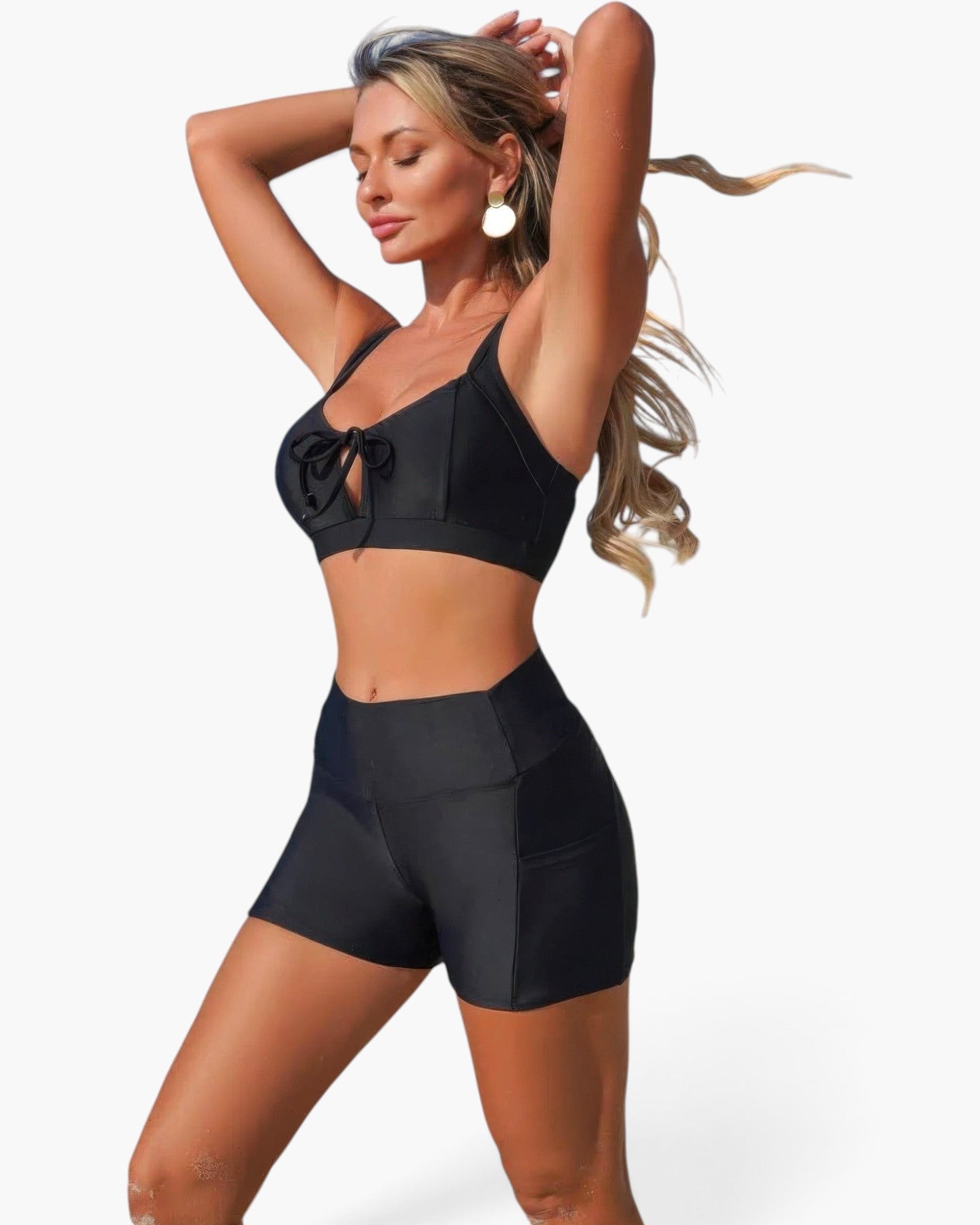 Beach Rose Co. black two-piece bikini with crisscross front detail, tummy control shorts, and adjustable side ties.