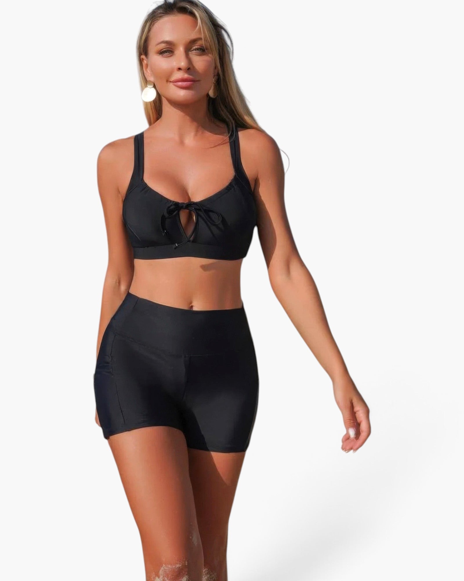 Beach Rose Co. black two-piece bikini with crisscross front detail, tummy control shorts, and adjustable side ties.